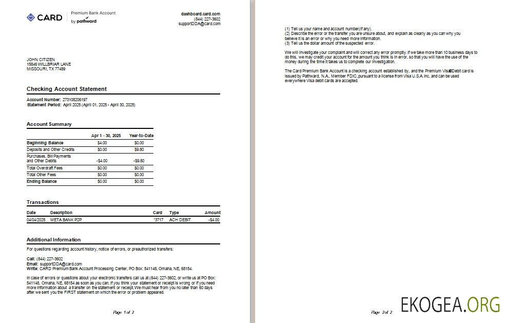 Relevé de compte bancaire premium USA TX Card scr